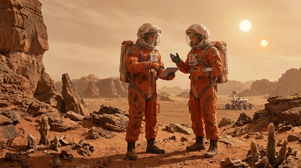 Imagen de dos astronautas hablando entre ellos en medio de un planeta desconocido de aspecto desértico y arenoso