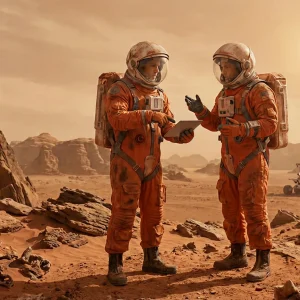 Imagen de dos astronautas hablando entre ellos en medio de un planeta desconocido de aspecto desértico y arenoso